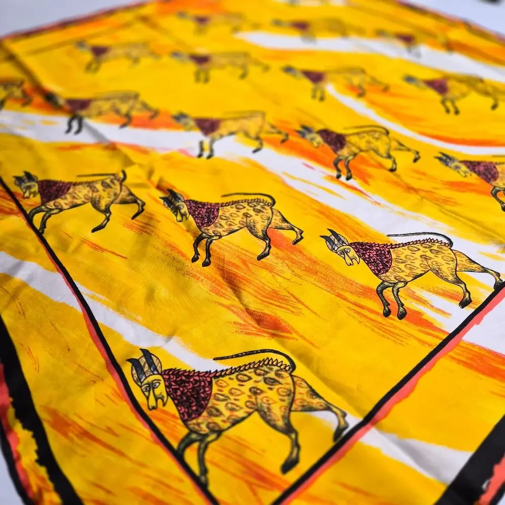 Vintage Mythical Gazelle Chimera Silk Square Scarf 31x31 Yellow Sun‎